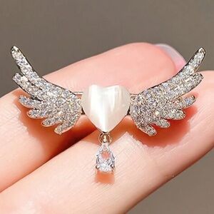 Vintage Style Angel Wing Brooch | Rhinestone Heart & Water Drop Gemstone Pin